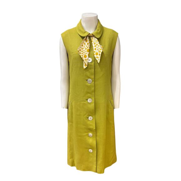 Vintage 60s Mod Chartreuse Sleeveless Button Dress Bow Scarf / Women’s small - - Picture 1 of 4